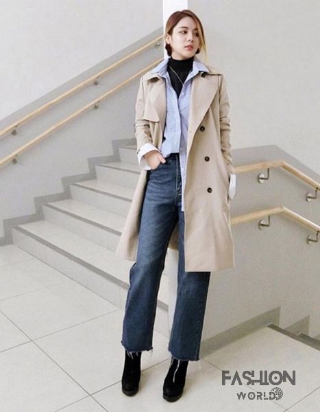 Đối với những cô nàng chân dài, cách phối đồ mùa đông với quần jean là kết hợp áo măng tô sẽ giúp tôn dáng hoàn hảo