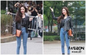 Sneakers + áo da + quần jean