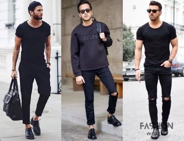 Quần jean đen rách gối nam có thể được kết hợp với áo thun đơn giản và giày sneaker