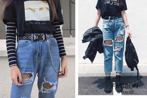Mix quần tất đen lưới với quần jeans rách - Phá cách và nổi bật