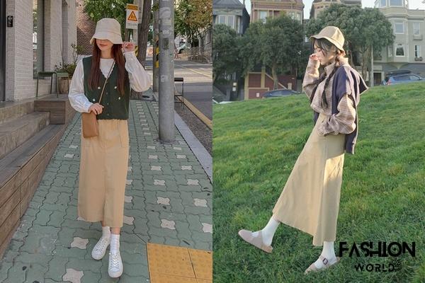 Chân váy dài màu be và nâu đang trở thành xu hướng thời trang mùa thu Hàn Quốc năm 2023.