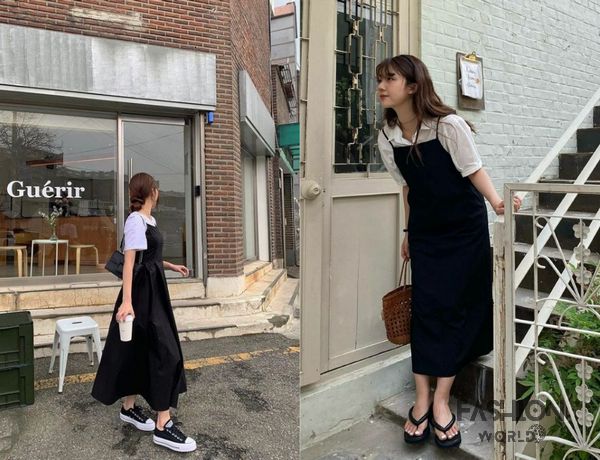 Phong cách dễ thương của váy yếm dài Hàn Quốc