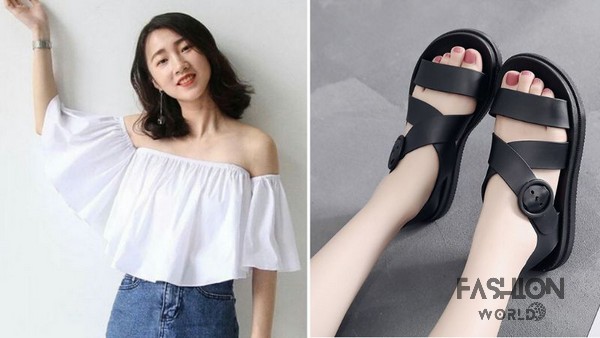 phối đồ với giày sandal + áo trễ vai nữ