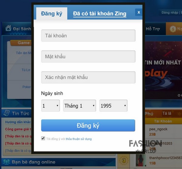 Bước 1 : Truy cập vào link http://play.zing.vn và nhấp vào “Đăng ký“
